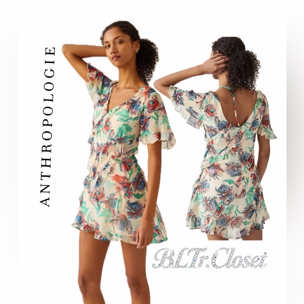Anthropologie Mini Dress Floral Ruffles Flutter Sz‎ M Coconut Girl Quiet Luxury